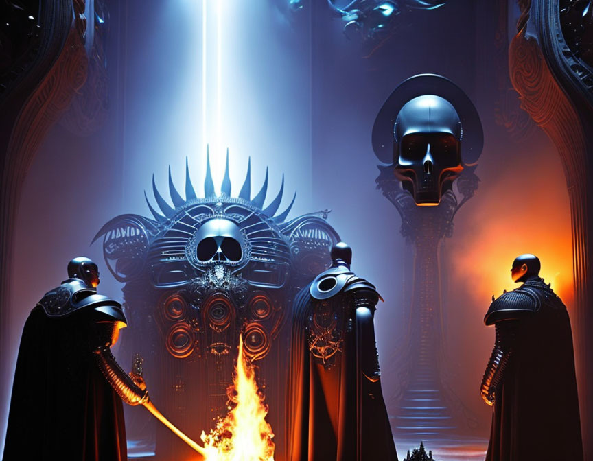 Dark futuristic armor figures before skull throne under glowing light shaft