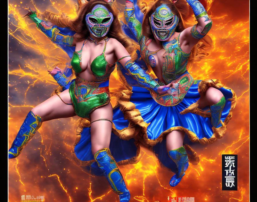 Vibrant wrestling attire and masks against fiery background