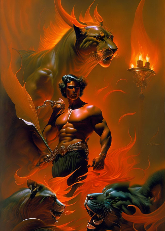 Fantasy-themed artwork: Muscular man in blindfold with flaming lions and candleabra in mystical setting