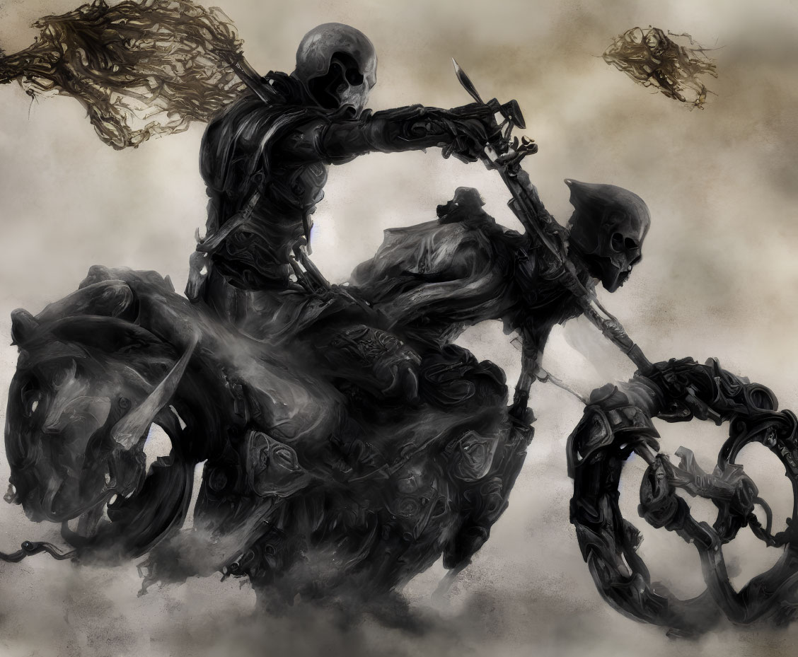 Monochromatic skeletal warrior on motorcycle with scythe and companion.