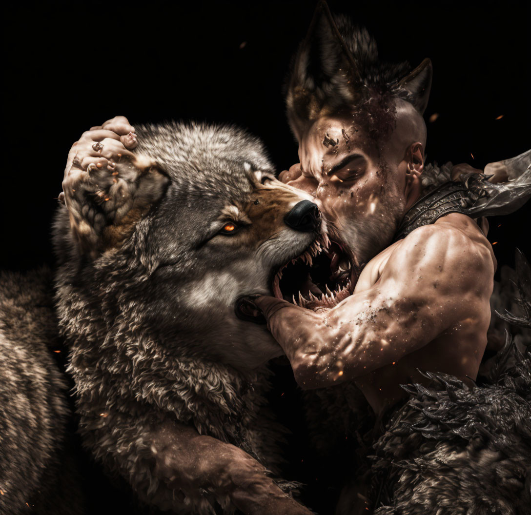 Person with wolf-like features confronts ferocious wolf amidst floating embers