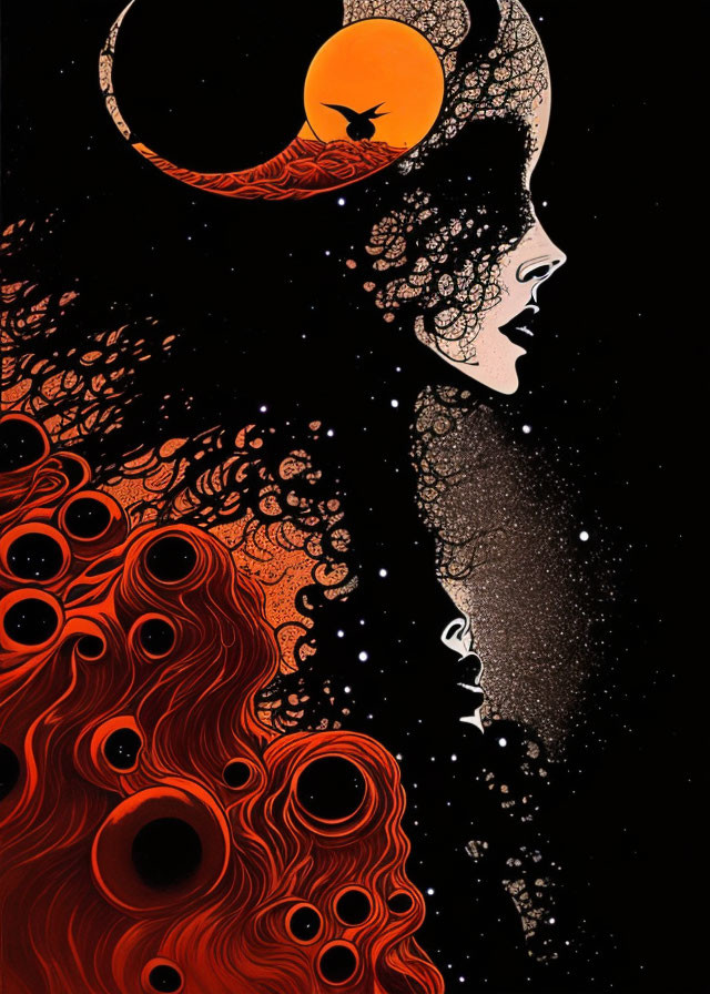 Stylized woman's profile with red and black hair in cosmic setting