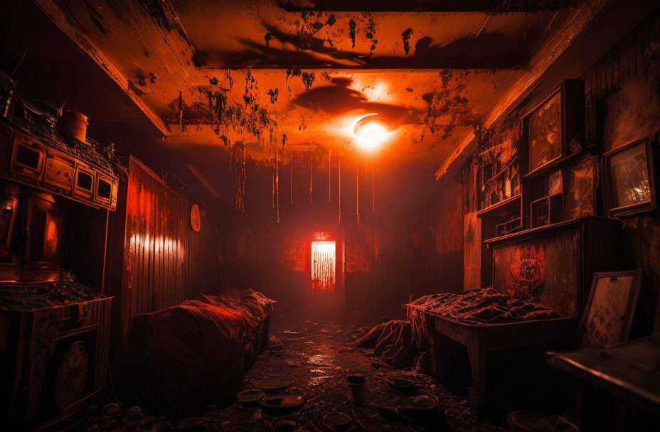 Dimly Lit Eerie Room with Red Lighting and Ominous Door