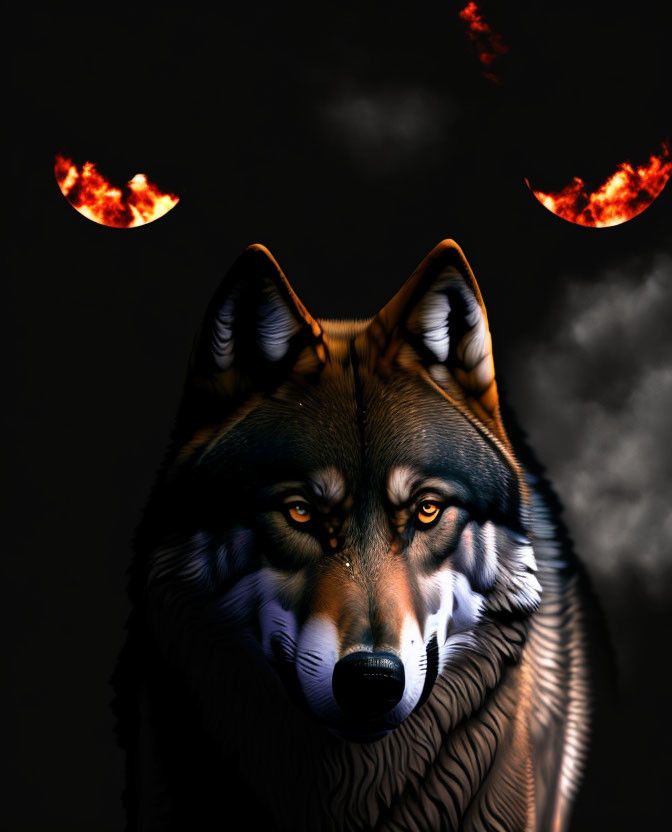 Realistic wolf digital artwork with fiery meteors in dark background