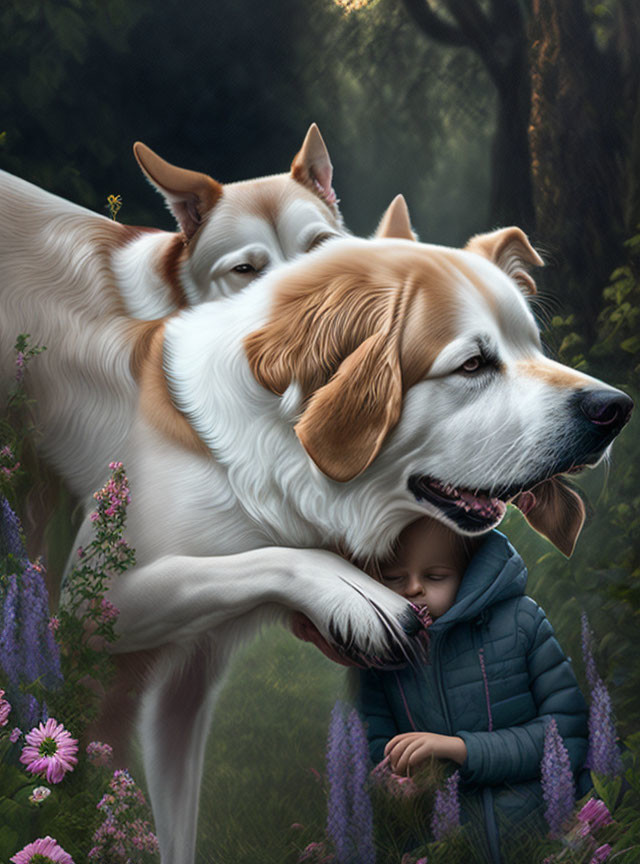 Child embraced by affectionate dogs in blooming purple flowers & misty forest.