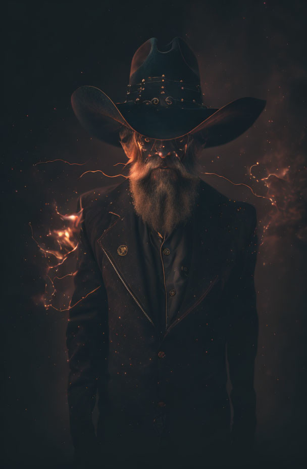 Mysterious figure in dark suit and cowboy hat with swirling light and shadows