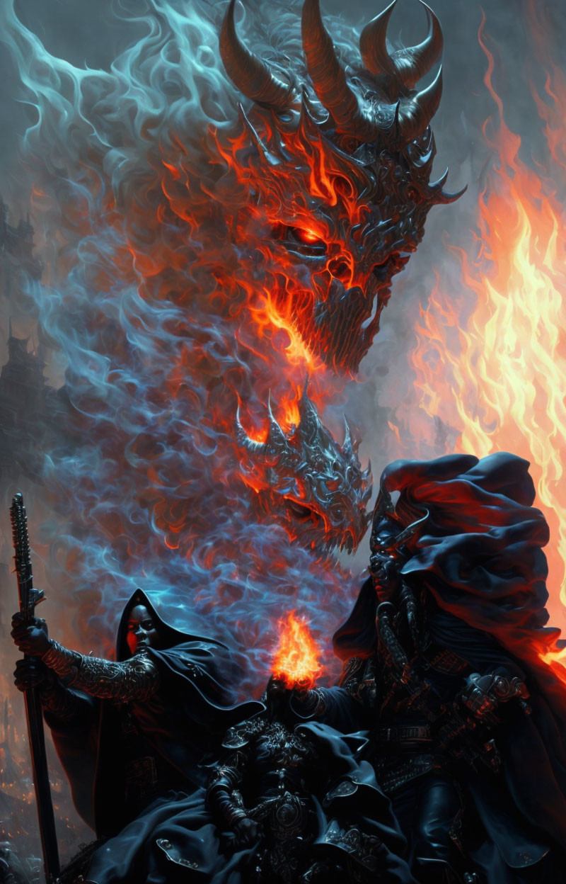 Fiery dragon behind cloaked warrior with sword in epic fantasy scene