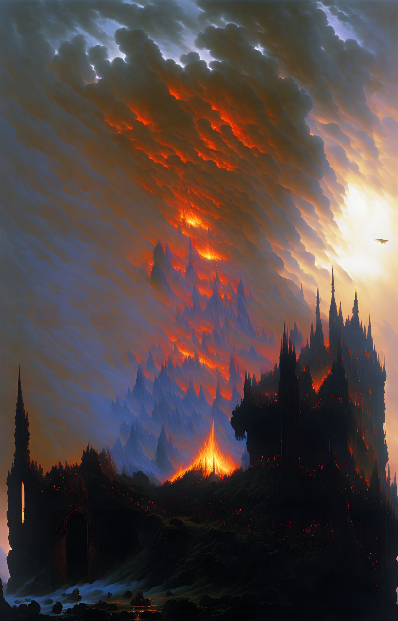 Fantastical landscape with fiery sky, pine trees, campfire, and gothic archway