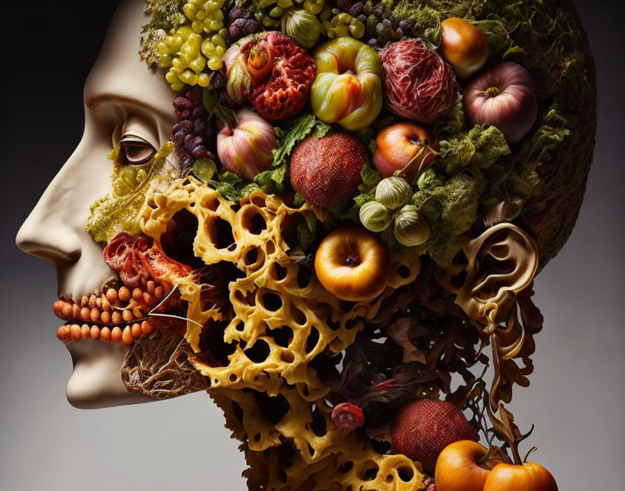 Surreal Human Profile with Fruits, Vegetables, and Organic Textures