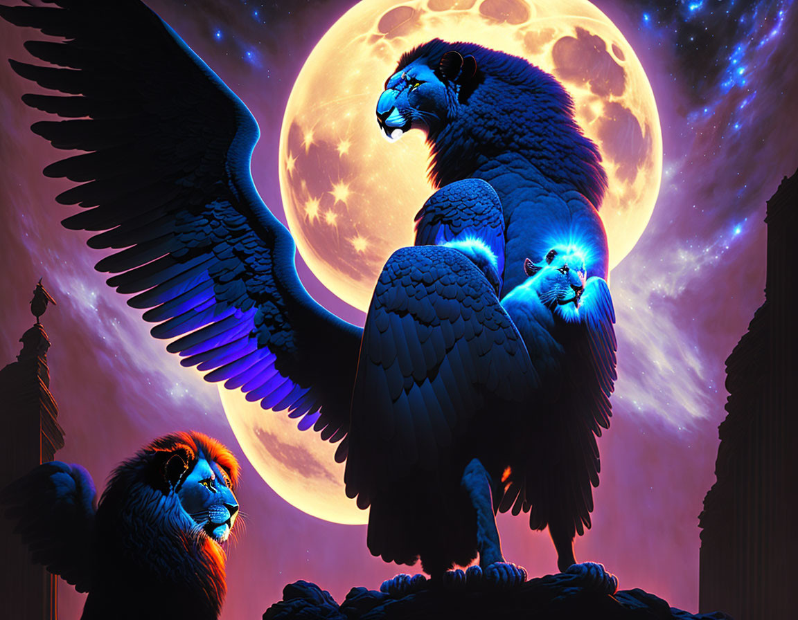 Fantasy illustration of lion-like creatures with eagle wings under full moon