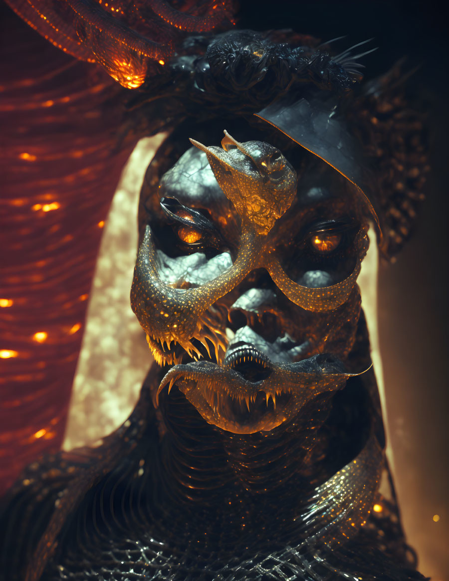 Dark Textured Mask with Gold Accents and Crown-like Headgear Against Warm Draped Backdrop