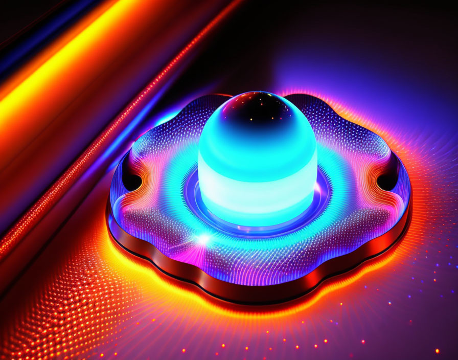 Neon-colored abstract object with blue dome center on textured background