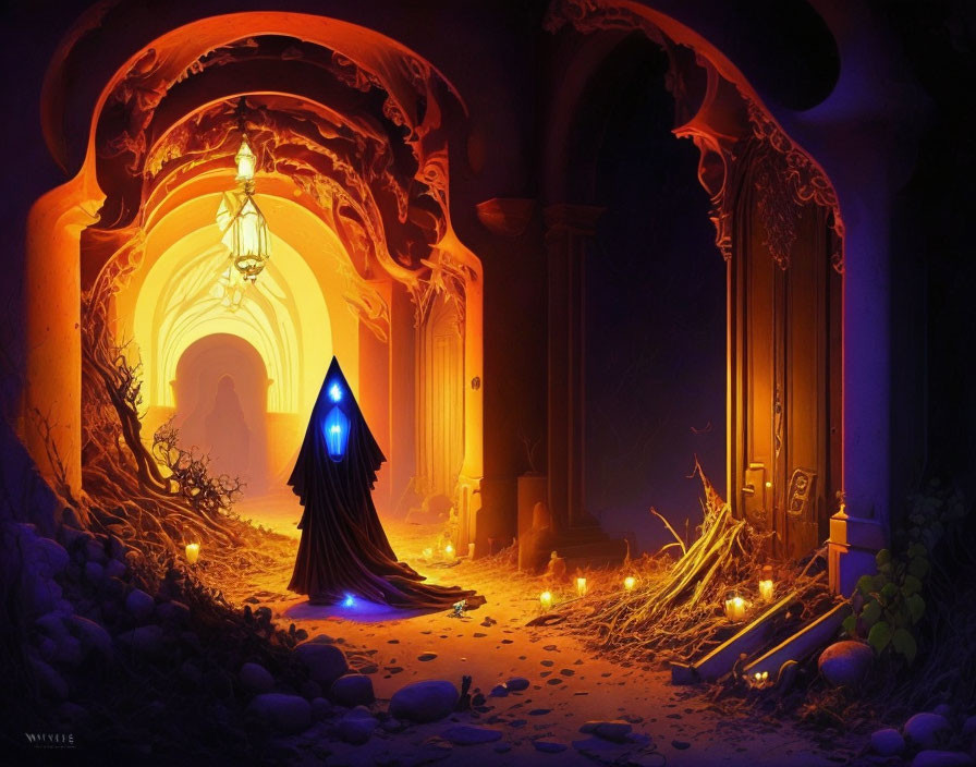 Mystical cloaked figure in candle-lit corridor with ornate arches