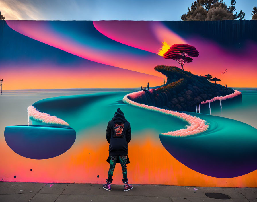 Person in Jacket and Cap Standing Before Vibrant Surreal Landscape Mural