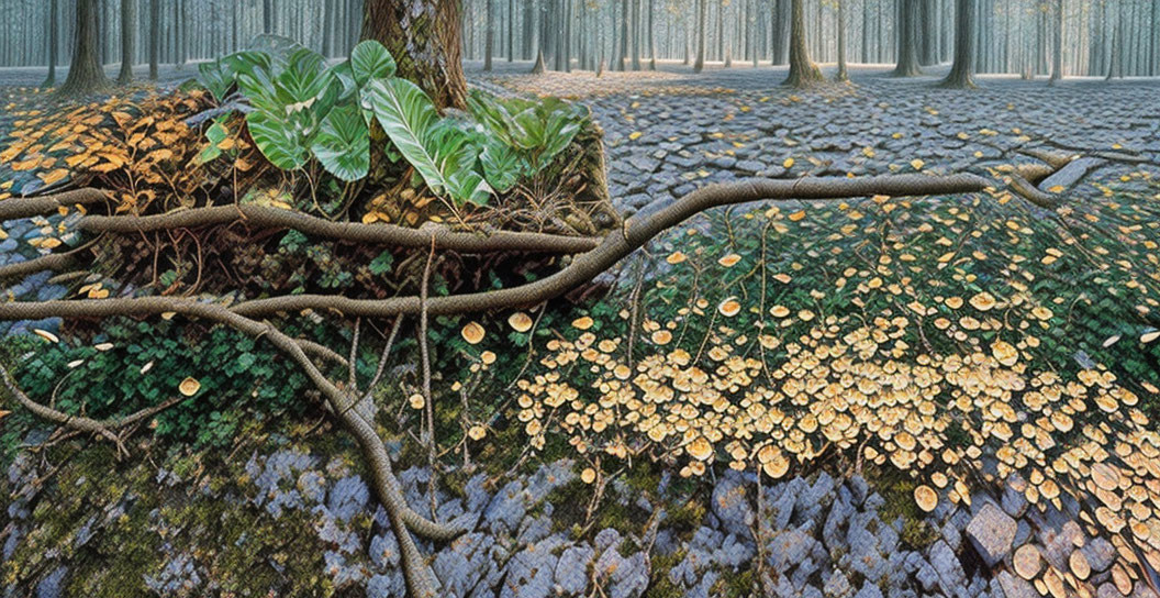 Panoramic forest floor with tree roots and golden leaves