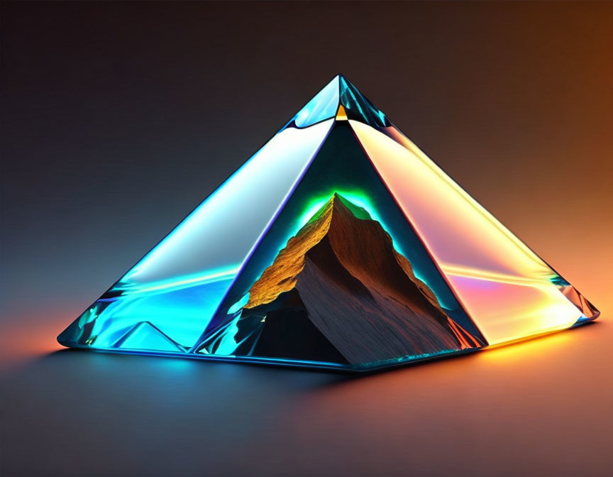 Vibrant Blue and Orange Crystal Pyramid with Reflective Surface