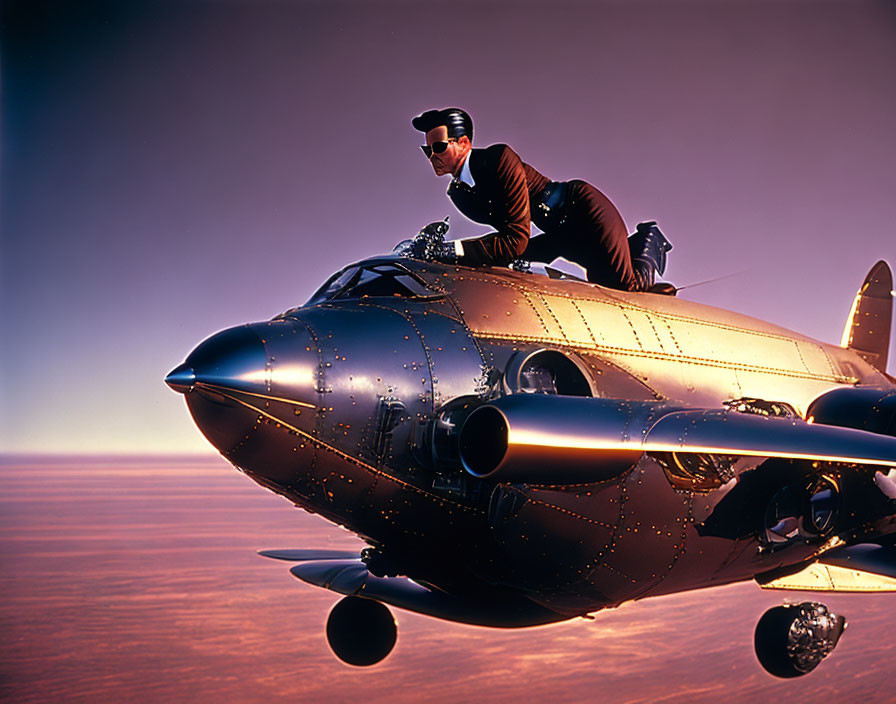 Person in sunglasses and suit on airborne jet at sunset.