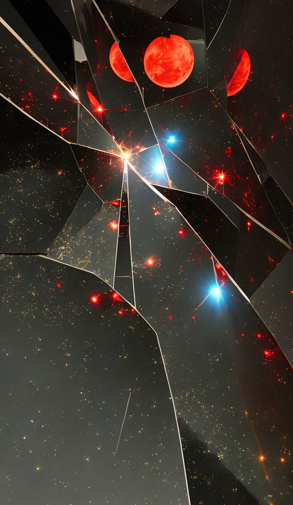 Surreal cosmic image: red moons, bright stars, fragmented mirror-like surfaces