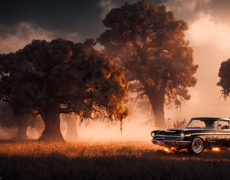 Vintage car parked in mystical forest with sunbeams filtering through trees