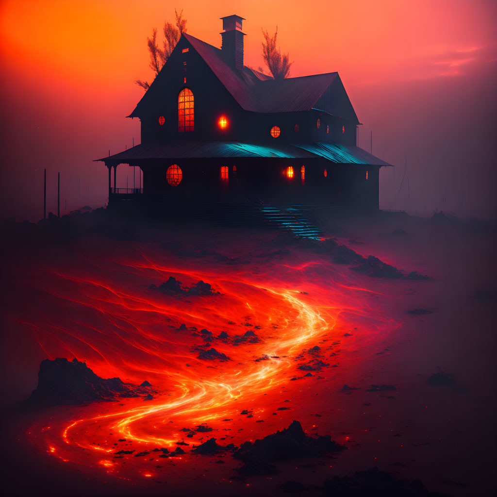 Surreal house on hill with glowing windows above lava flow