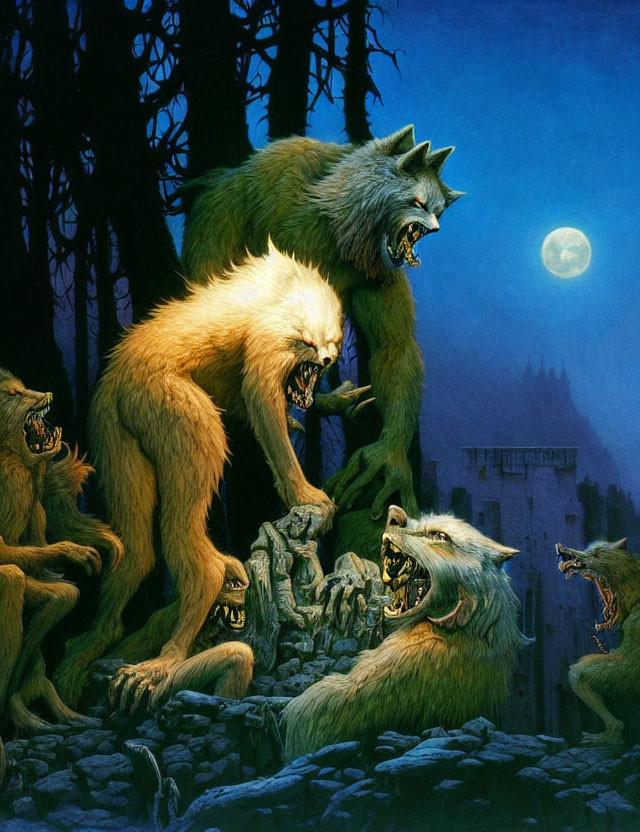 Eerie forest scene with snarling werewolves under full moon