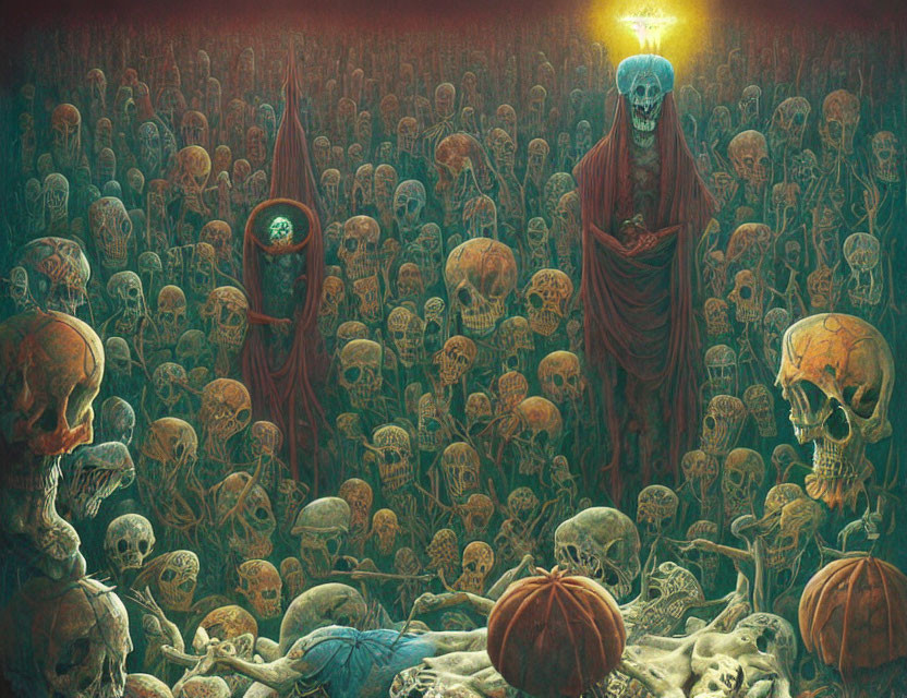 Macabre artwork: Sea of skulls with robed figure and blue-flamed skull