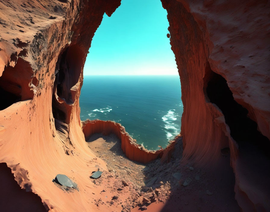 Scenic view of cave opening by the sea