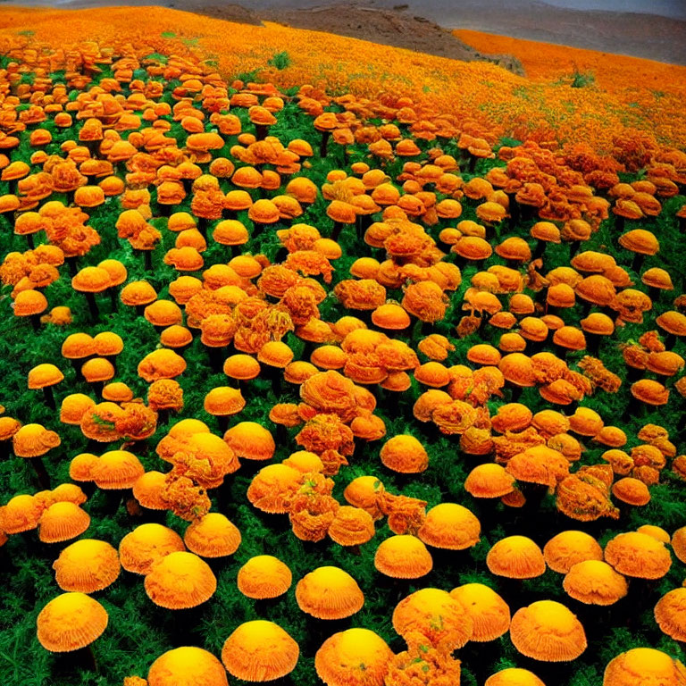 Vibrant marigold flowers in lush field against barren backdrop