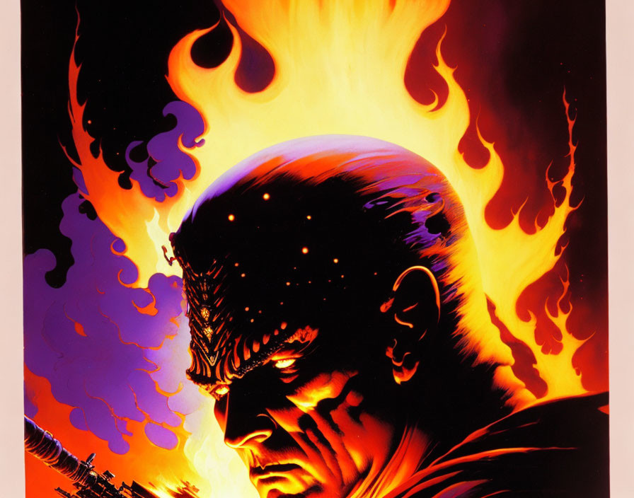 Comic character illustration: fiery skull head, intense eyes, grim expression, flames backdrop.