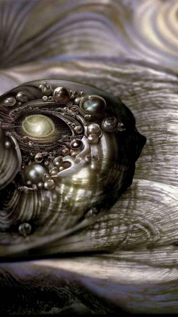 Abstract circular jewel-like pattern with pearls and metallic textures on rippled surface