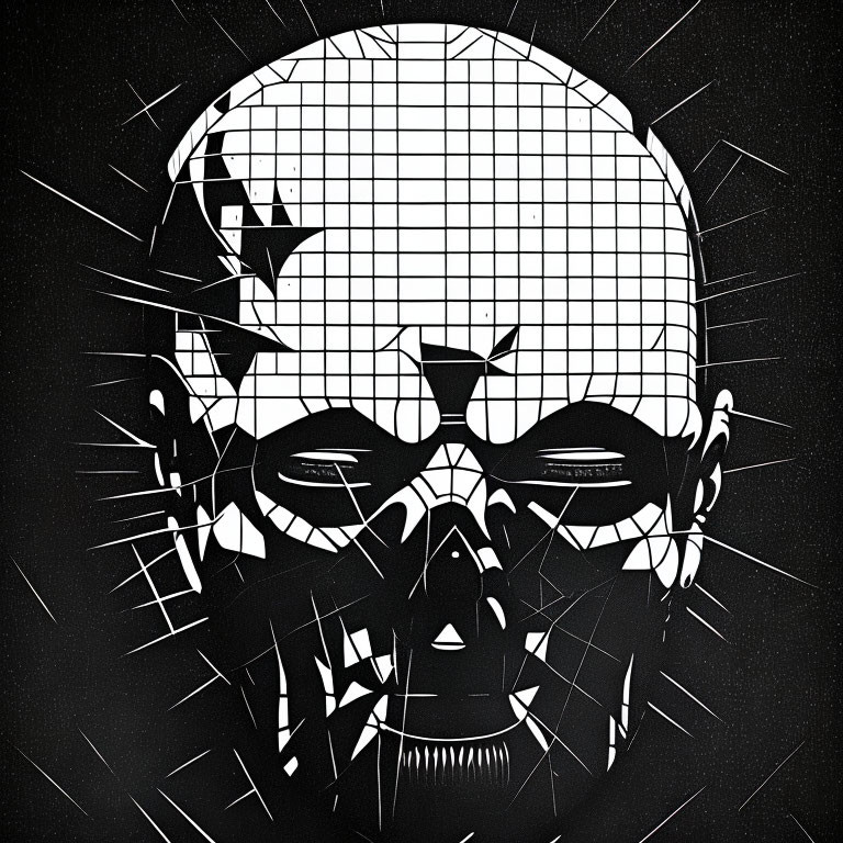 Monochrome skull illustration with geometric patterns and shard-like accents