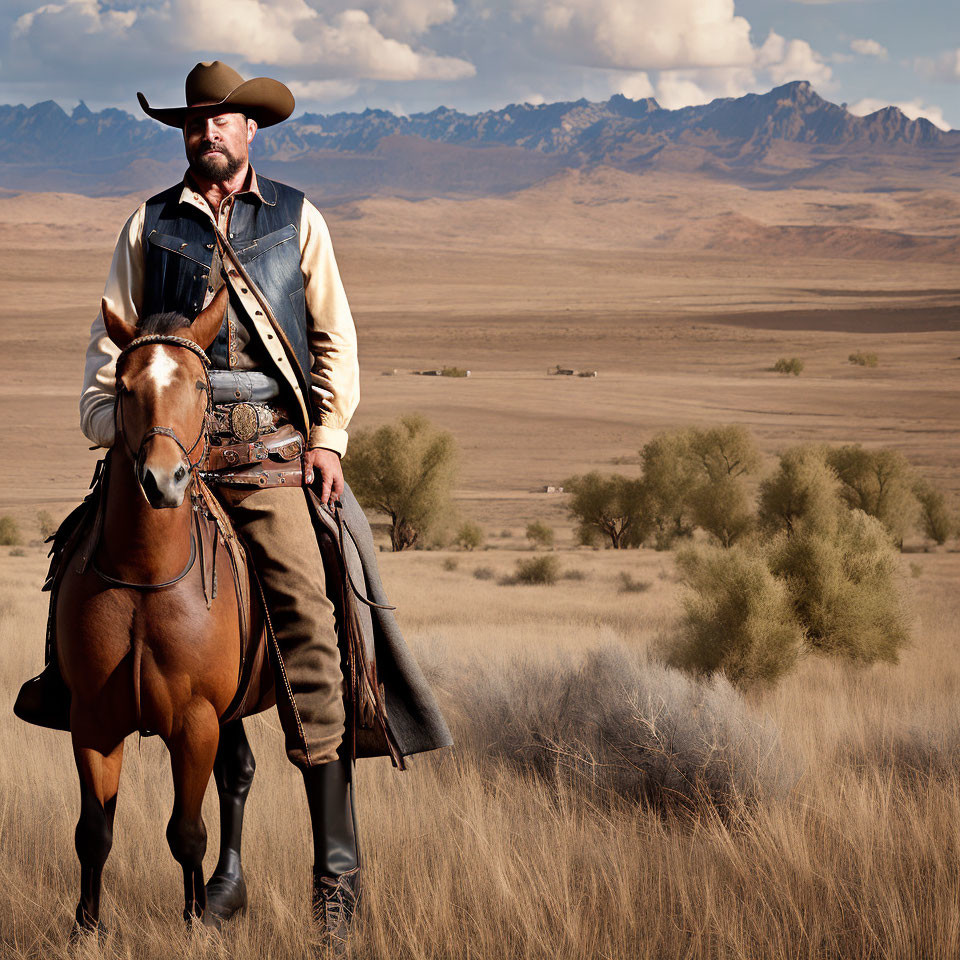 Traditional Cowboy on Horseback in Wide-Open Plain