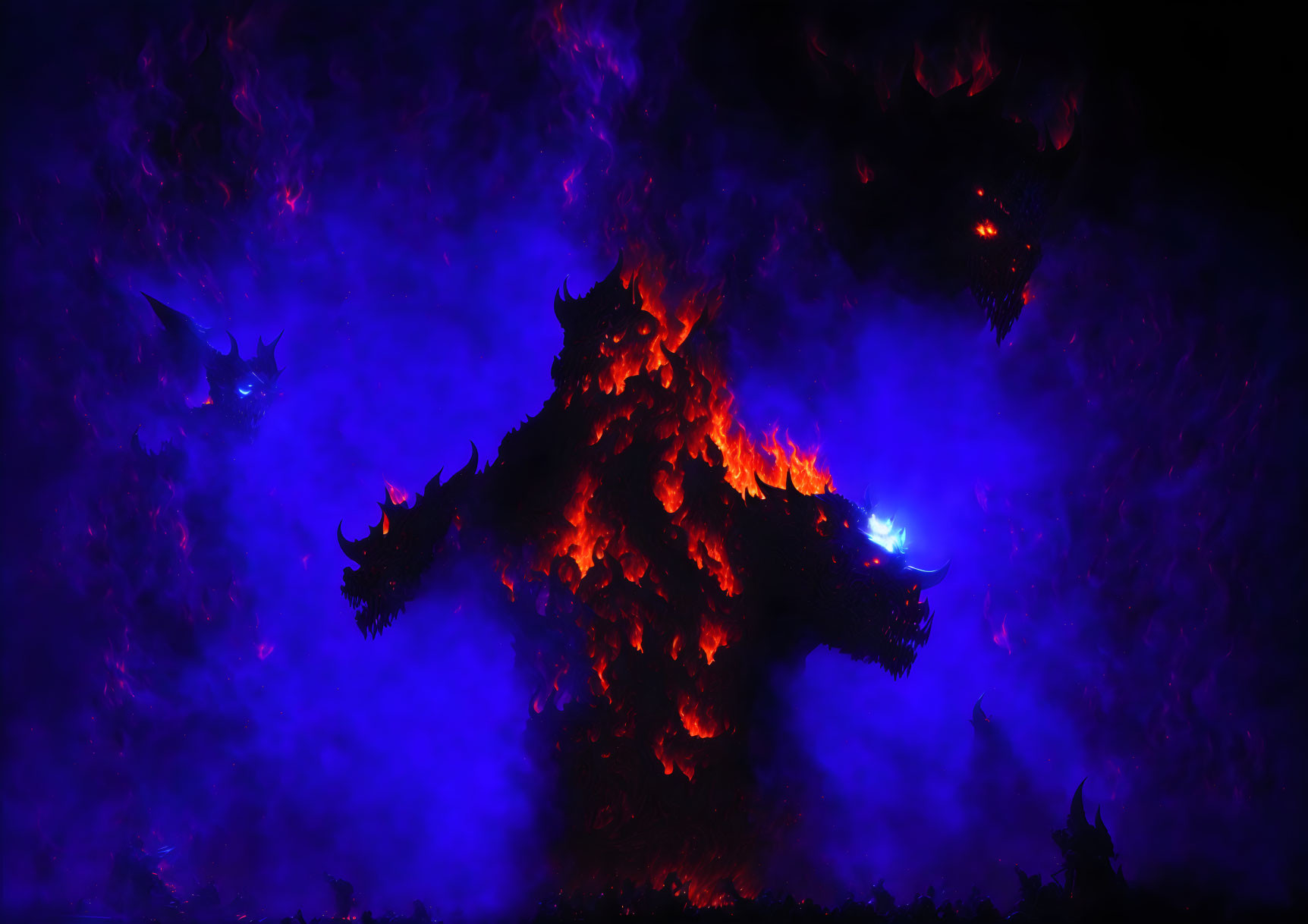 Fiery dragon in blue and red flames on dark background