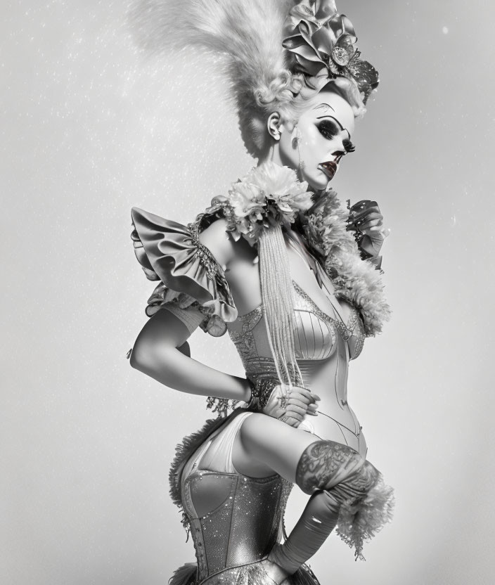 Monochrome image of person in elaborate costume with feathered headdress and body art.