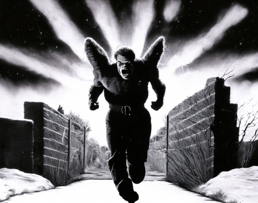 Monochromatic angry gorilla with wings running in radial light beams