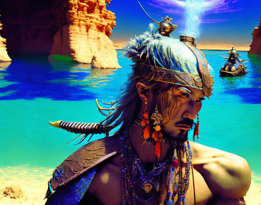 Blue-haired man with tribal jewelry in desert setting with turquoise waters and floating ships.