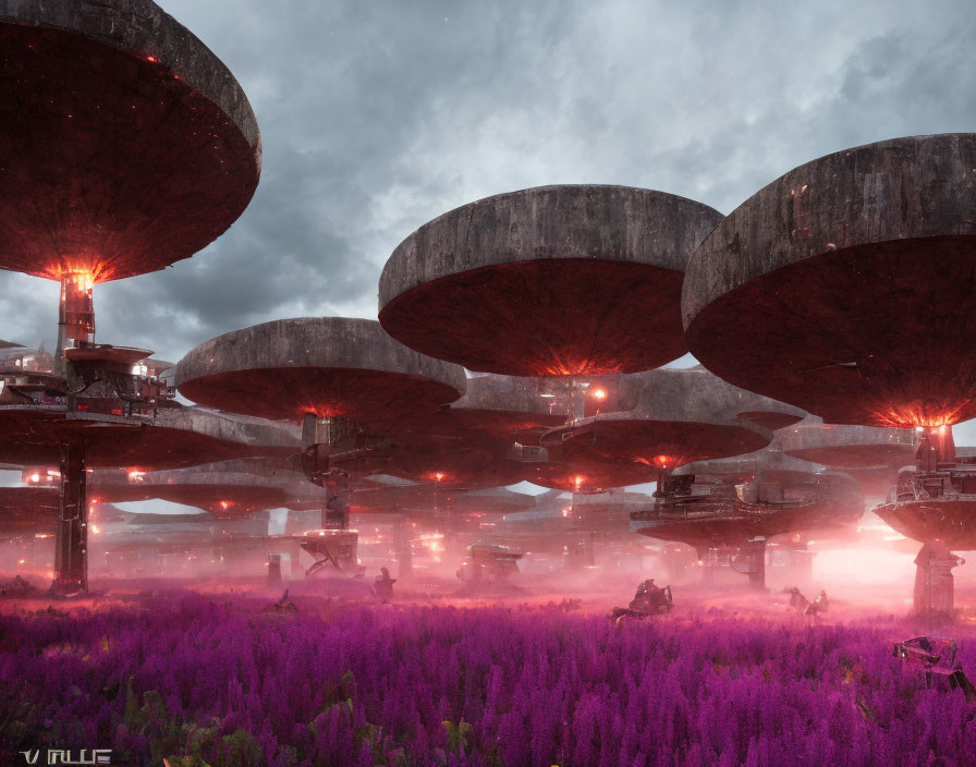 Sci-fi landscape with mushroom-shaped structures, red illumination, floating crafts, purple foliage, and dusky