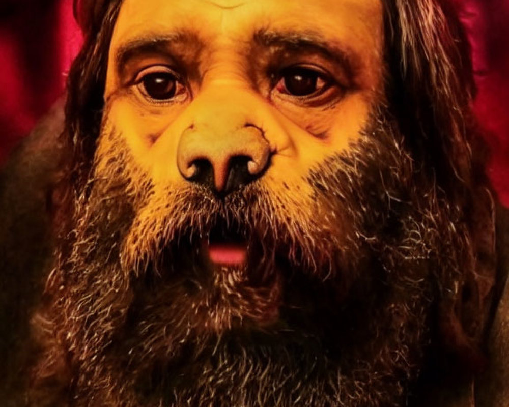 Human face edited to look like a canine with beard and mustache on red background