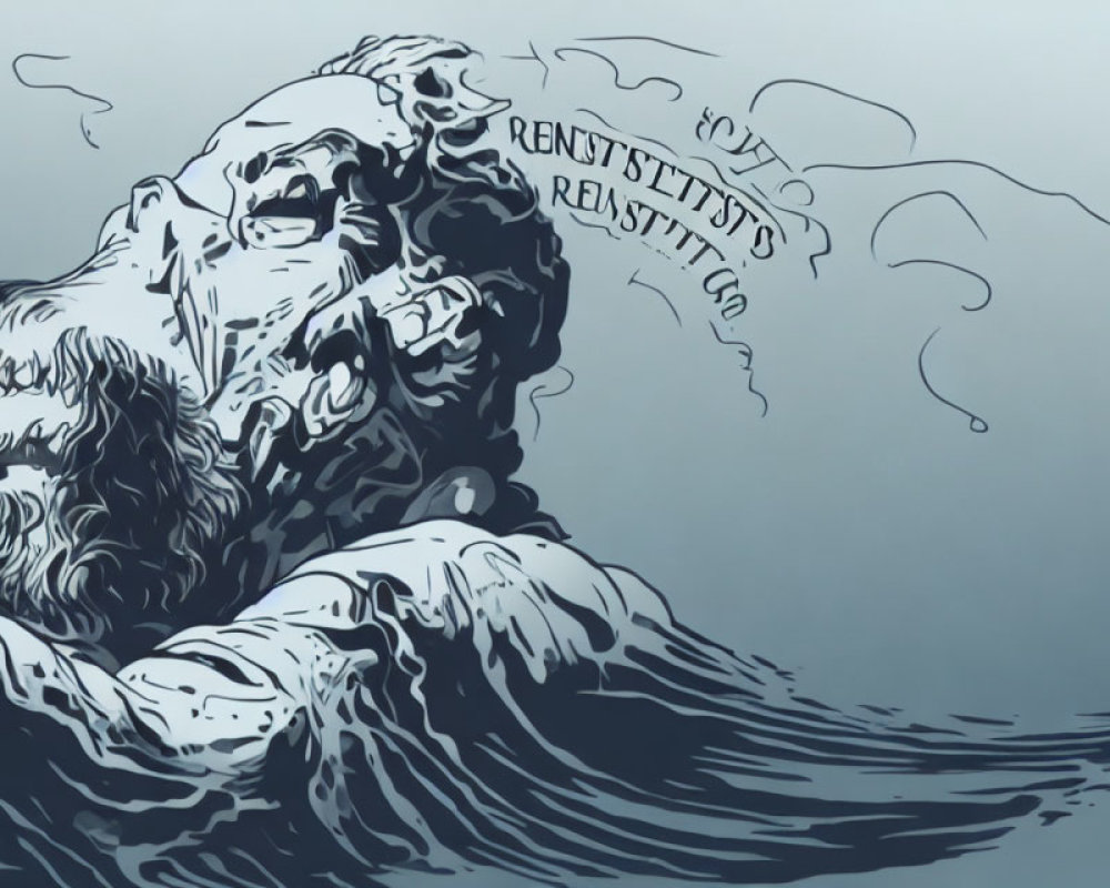 Monochromatic art: Bearded man's face in water with floating lettering and waves