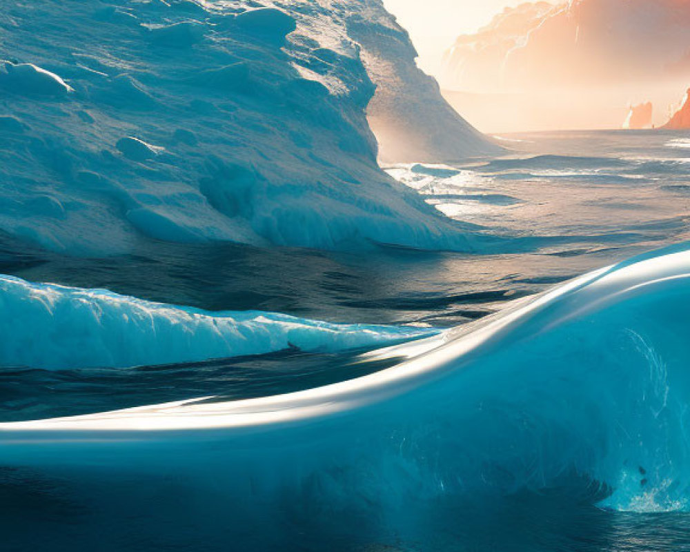 Serene polar landscape with icy foreground and sunlit cliffs