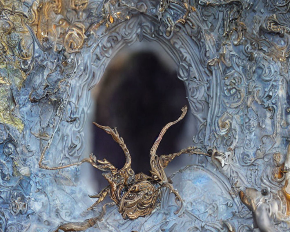 Detailed close-up of ornate metalwork with intricate swirls and textures surrounding a central dark cavity.