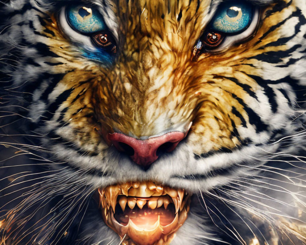 Detailed image of fierce tiger with blue eyes, sharp fangs, and fiery mane