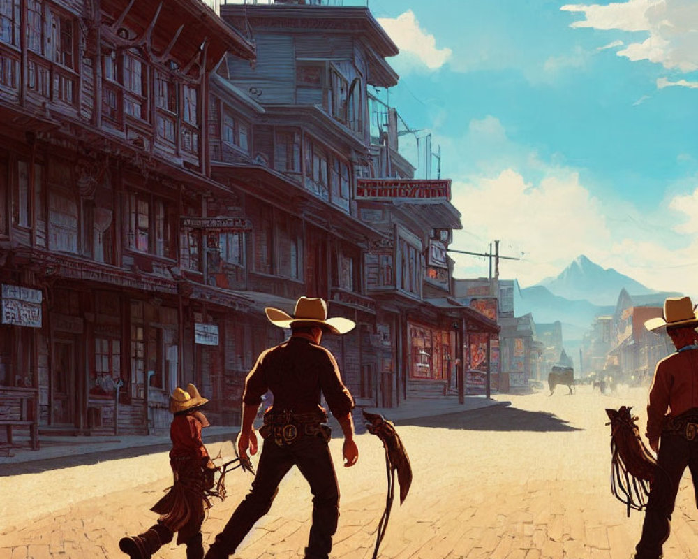 Three cowboys in a dusty Western street, two duel, one child with adult, old town backdrop