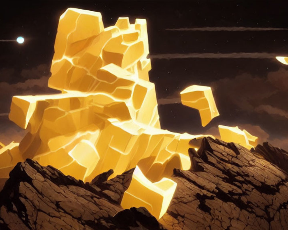 Golden crystal-like structure on rocky terrain under starry night sky