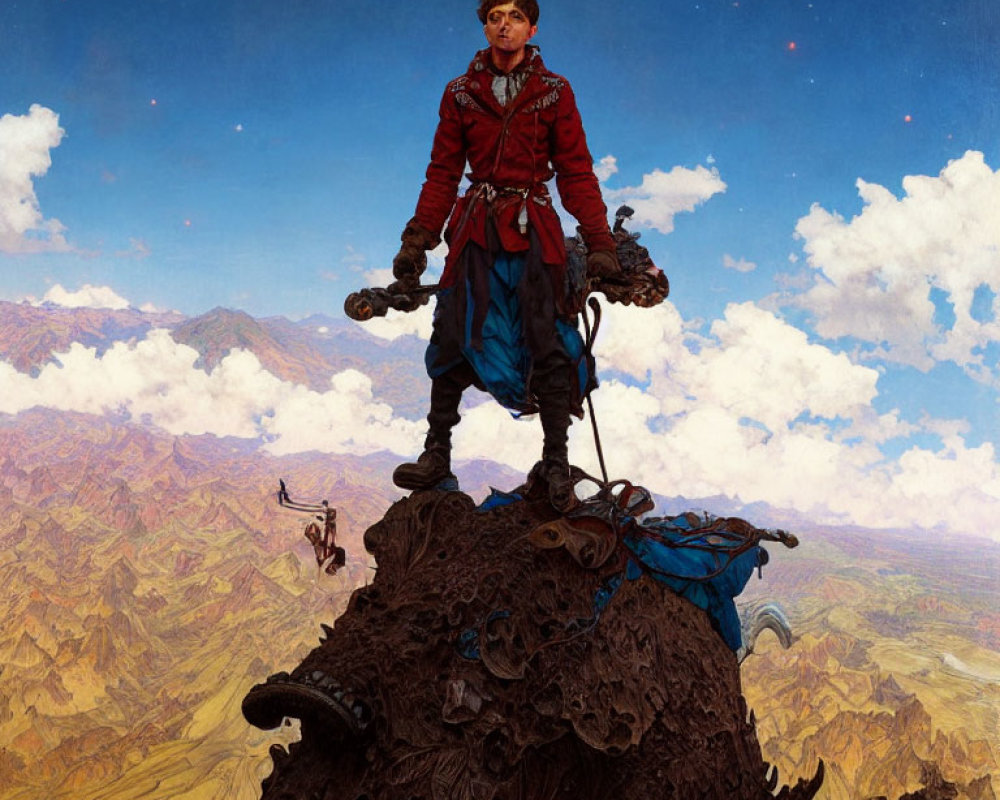 Young adventurer on mechanical creature in rugged landscape