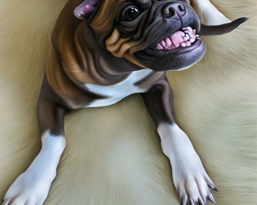 Smiling brown and white dog with exaggerated features on beige surface