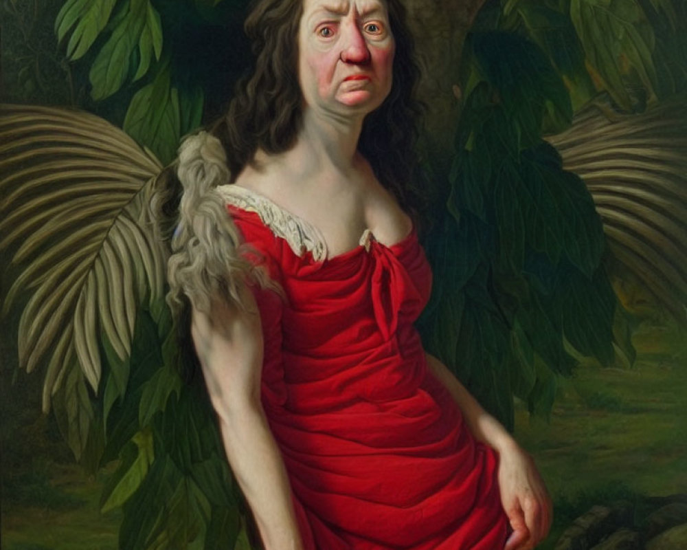 Classical painting style meets modern elements with figure in red dress and wings against leafy background