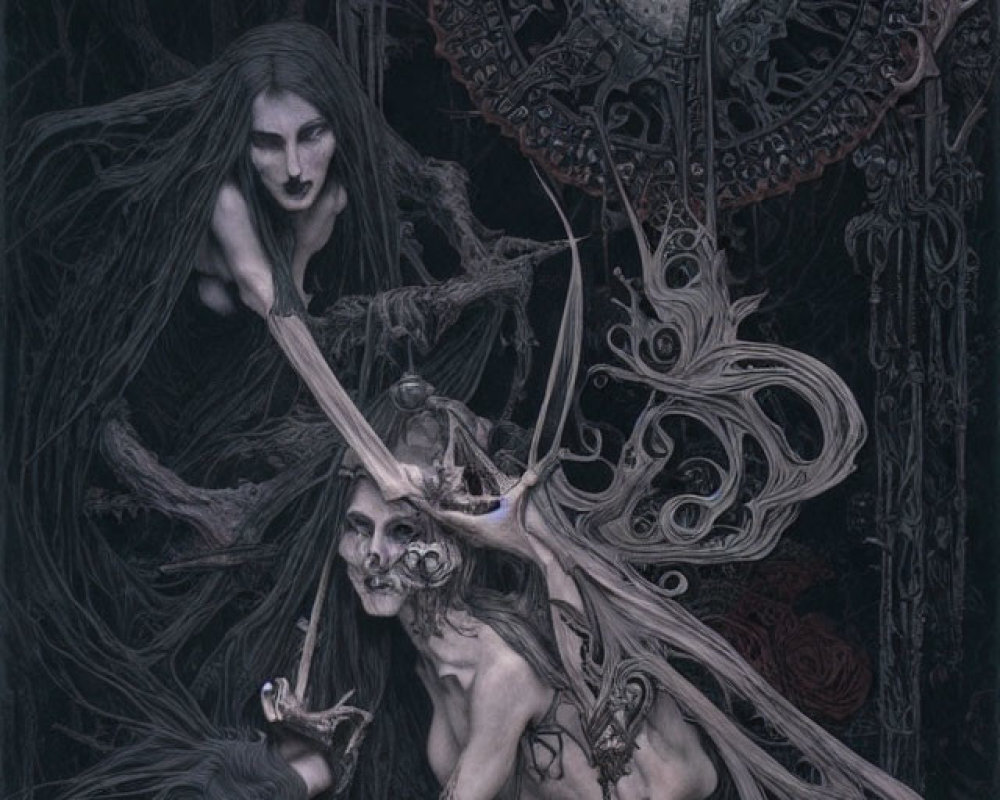 Pale ghostly woman with skull, roses, and mystical clock in dark fantasy art