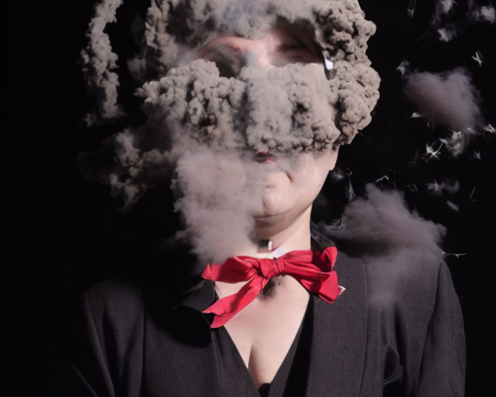 Mysterious figure in smoke with dark blazer and red bow tie