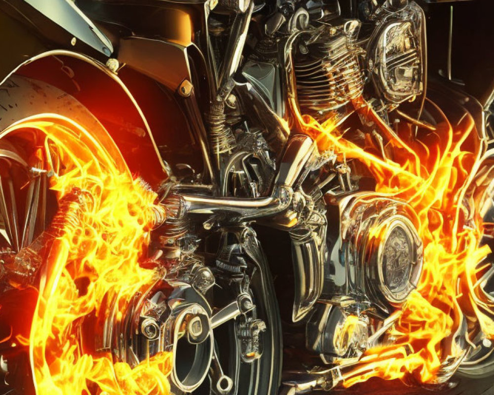 Motorcycle with engine and exhaust in realistic flames on dark background